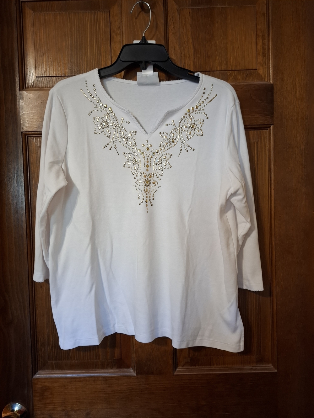 Alfred Dunner White V-Neck Top with Gold Stud Detail